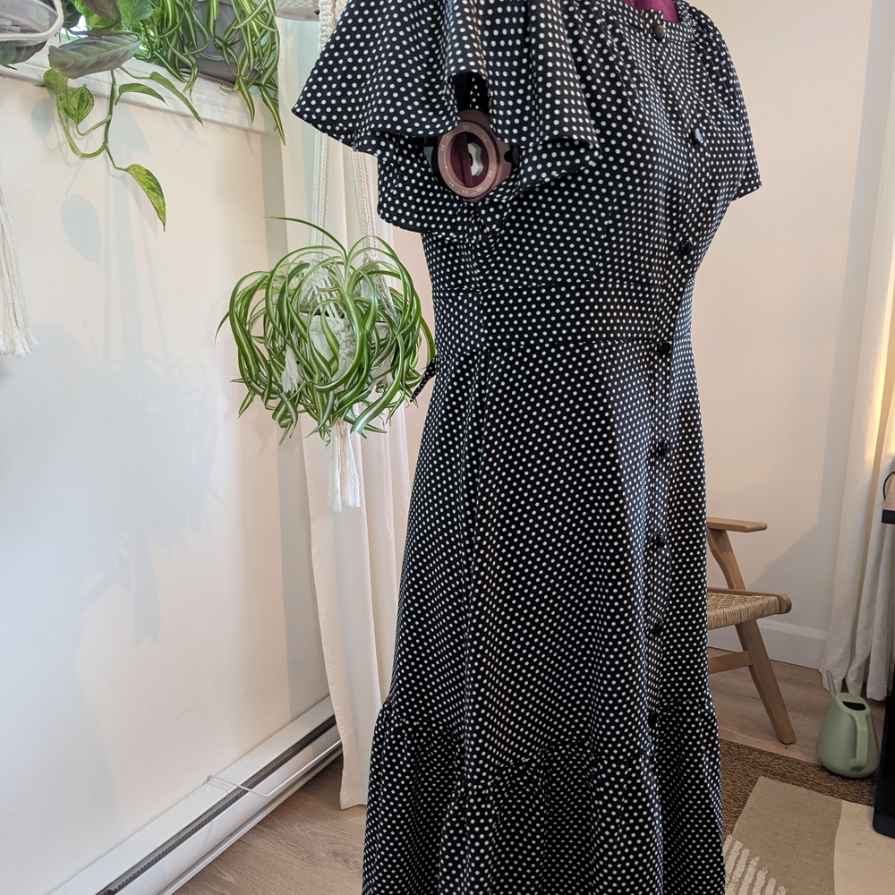 Handmade Black Polka Dot Midi Dress with Button Front / Small/Medium - Picture 3 of 5